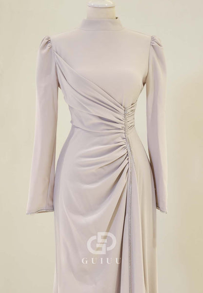 Simple A-Line High Neck Long Sleeves Ruched Formal Evening Dress