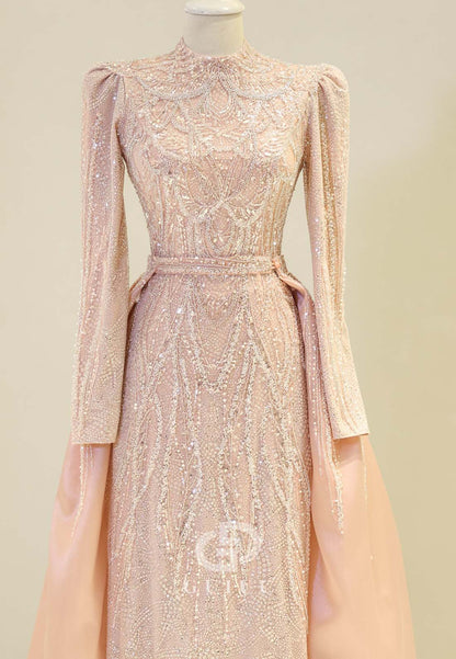 Rose Petal Long Sleeves High Neck Sequins Empire-Waist Formal Evening Dress