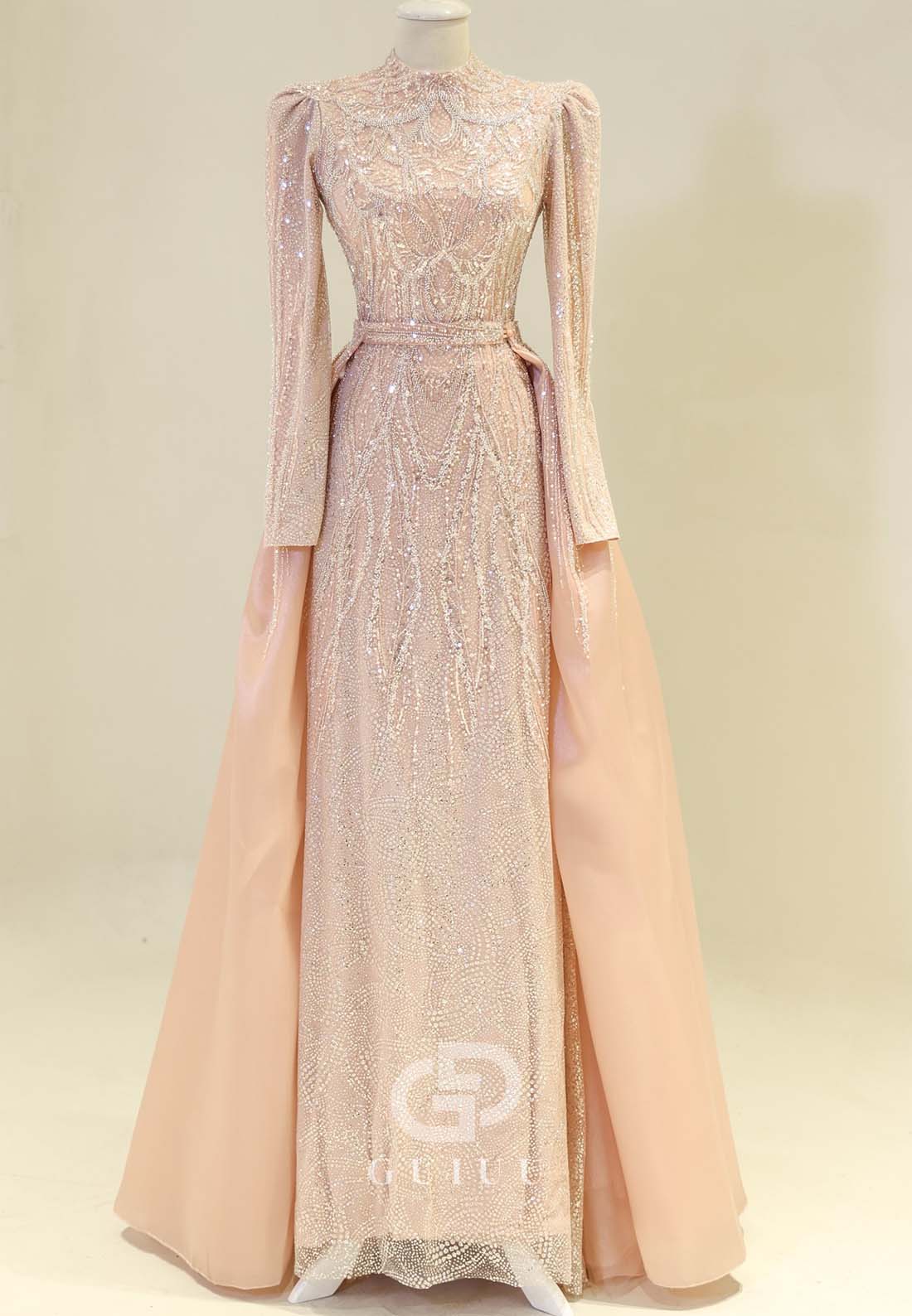 Rose Petal Long Sleeves High Neck Sequins Empire-Waist Formal Evening Dress