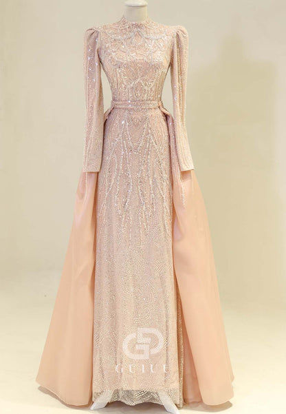 Rose Petal Long Sleeves High Neck Sequins Empire-Waist Formal Evening Dress