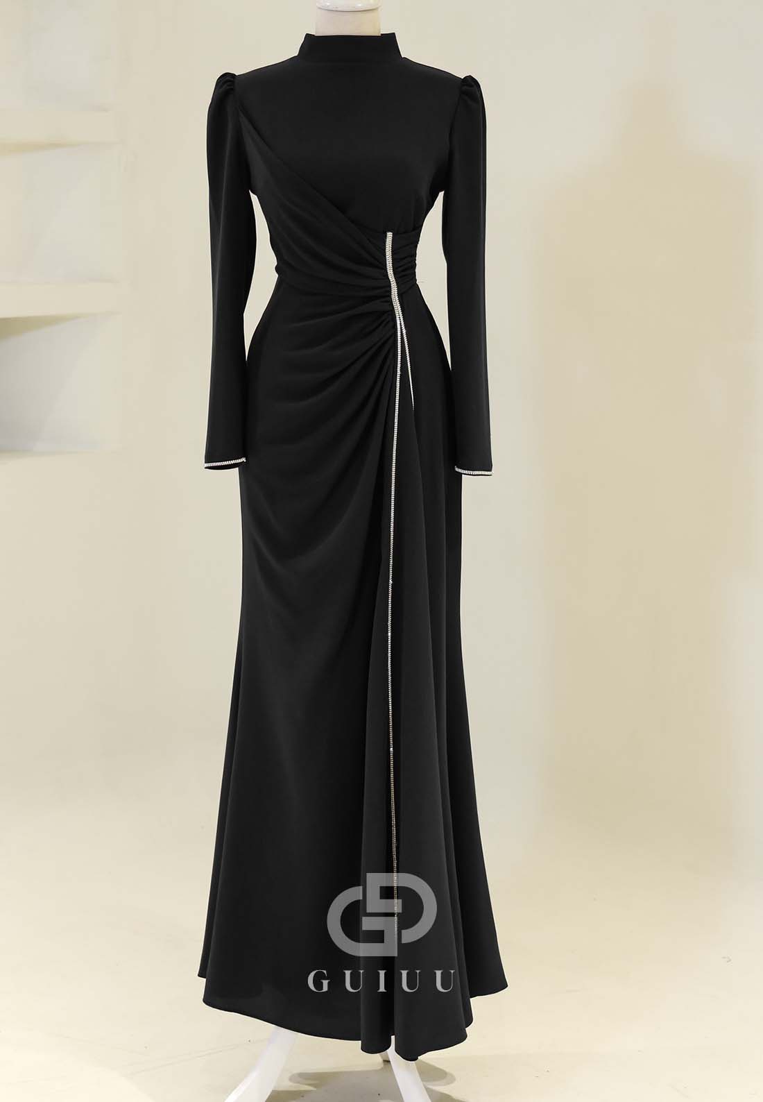Simple A-Line High Neck Long Sleeves Ruched Formal Evening Dress