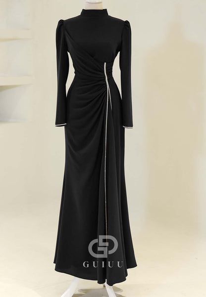 Simple A-Line High Neck Long Sleeves Ruched Formal Evening Dress