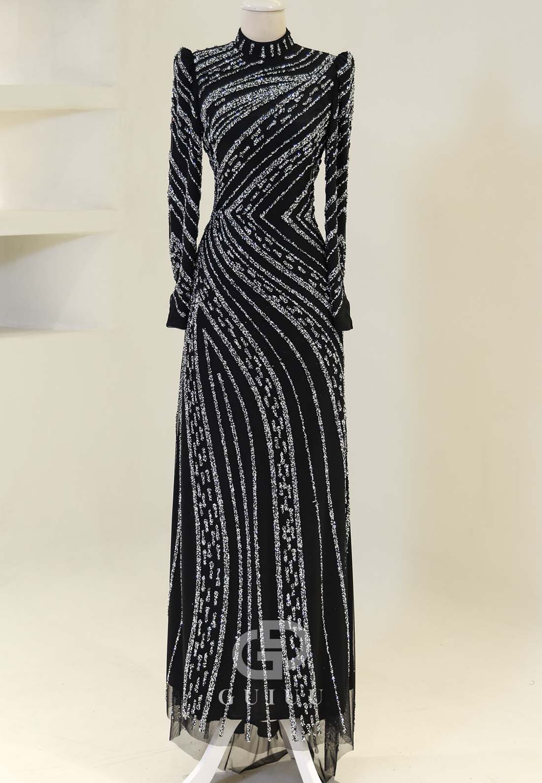 Sparkly A-Line High Neck Long Sleeves Sequins Evening Formal Dress