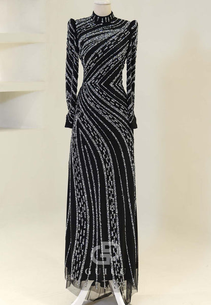 Sparkly A-Line High Neck Long Sleeves Sequins Evening Formal Dress