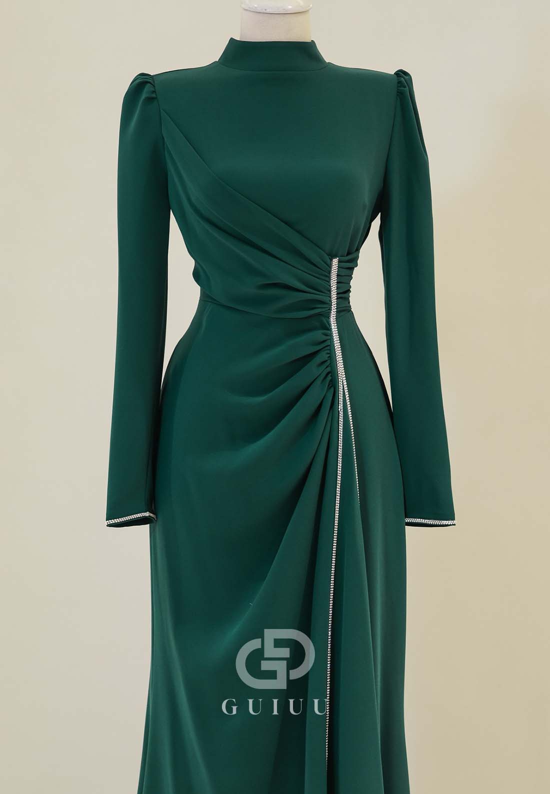 Simple A-Line High Neck Long Sleeves Ruched Formal Evening Dress