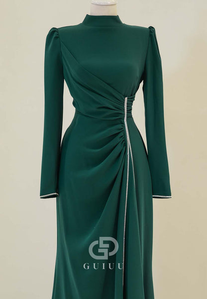 Simple A-Line High Neck Long Sleeves Ruched Formal Evening Dress