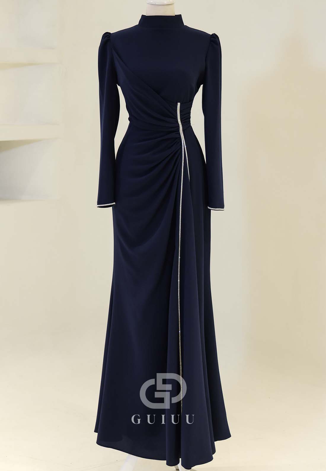 Simple A-Line High Neck Long Sleeves Ruched Formal Evening Dress