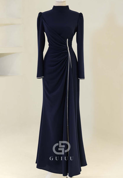 Simple A-Line High Neck Long Sleeves Ruched Formal Evening Dress