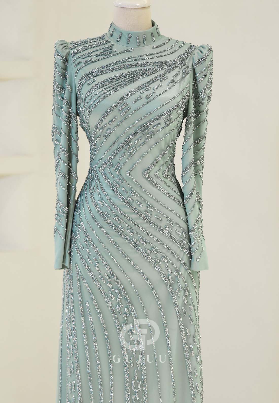 Sparkly A-Line High Neck Long Sleeves Sequins Evening Formal Dress