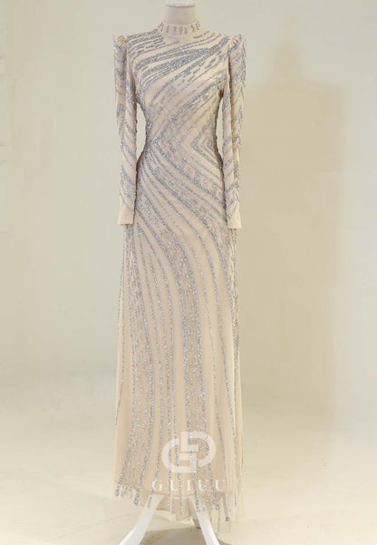 Sparkly A-Line High Neck Long Sleeves Sequins Evening Formal Dress