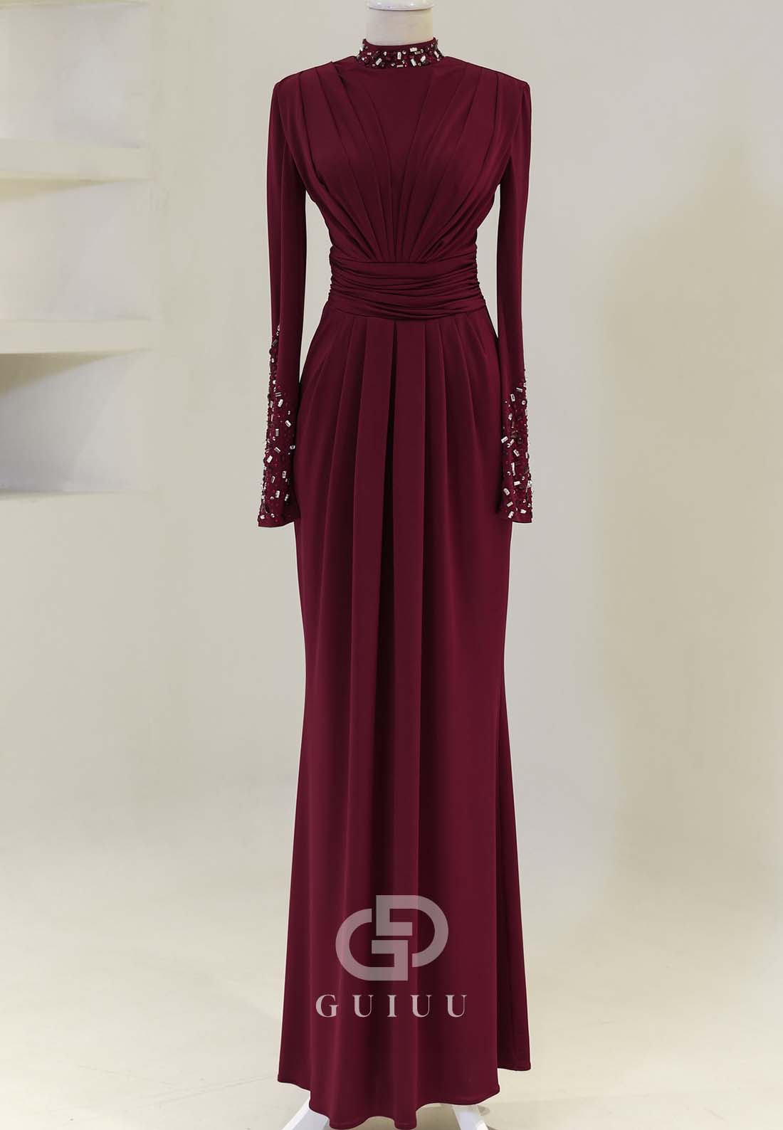 Long Sleeves High Neck Beads Ruched Formal Evening Dress