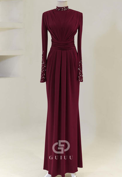 Long Sleeves High Neck Beads Ruched Formal Evening Dress