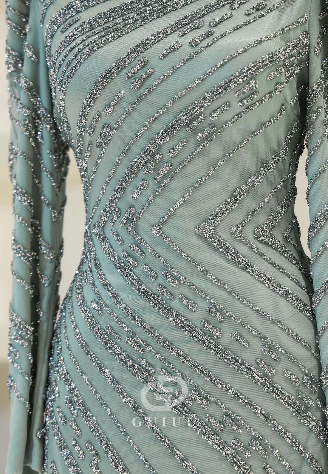 Sparkly A-Line High Neck Long Sleeves Sequins Evening Formal Dress