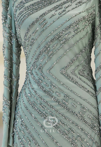 Sparkly A-Line High Neck Long Sleeves Sequins Evening Formal Dress