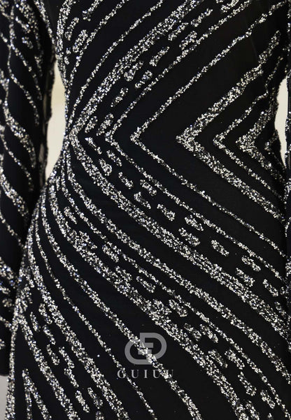 Sparkly A-Line High Neck Long Sleeves Sequins Evening Formal Dress