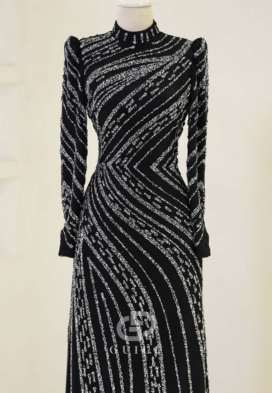 Sparkly A-Line High Neck Long Sleeves Sequins Evening Formal Dress