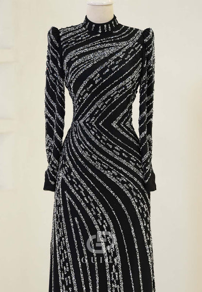 Sparkly A-Line High Neck Long Sleeves Sequins Evening Formal Dress