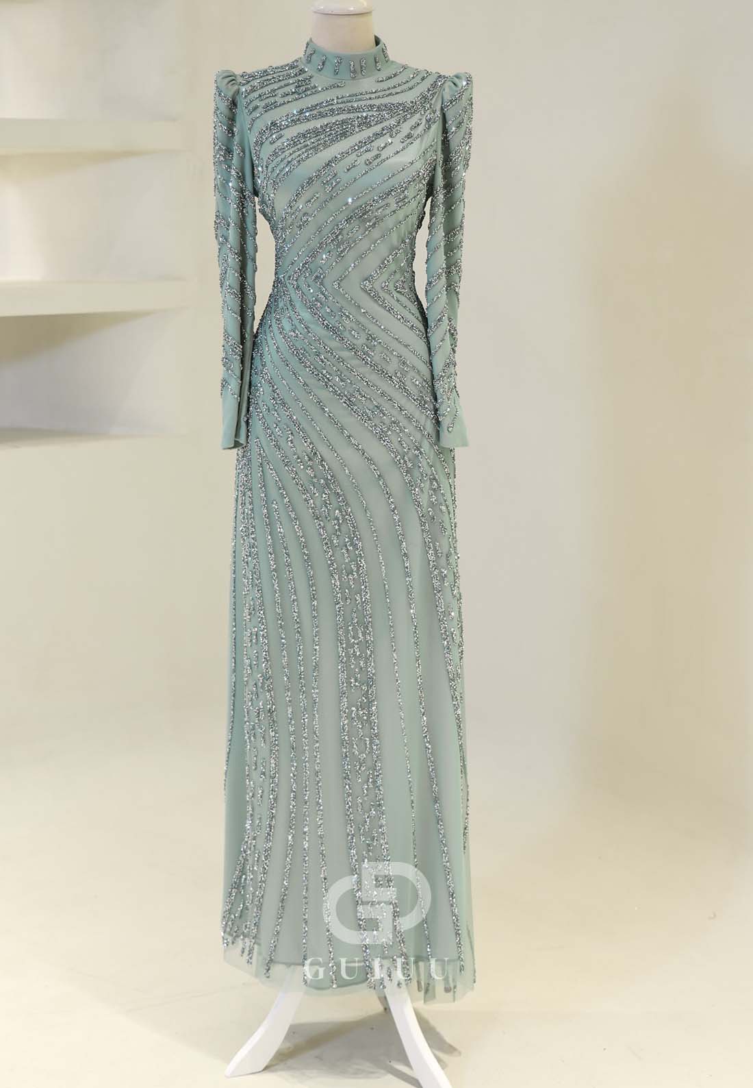 Sparkly A-Line High Neck Long Sleeves Sequins Evening Formal Dress