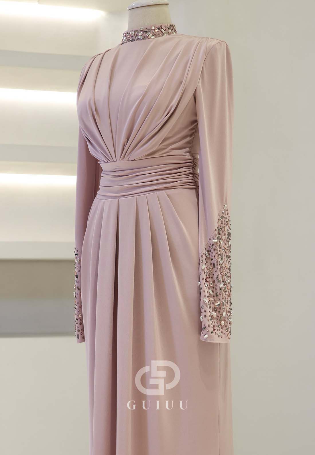 Long Sleeves High Neck Beads Ruched Formal Evening Dress