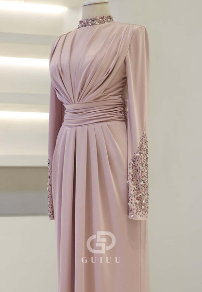 Long Sleeves High Neck Beads Ruched Formal Evening Dress