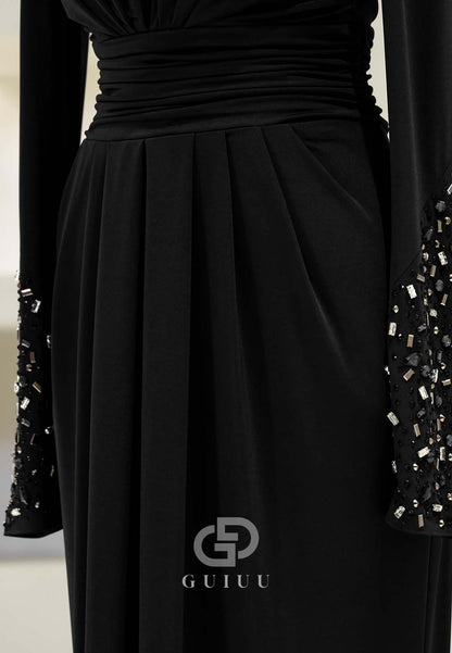 Long Sleeves High Neck Beads Ruched Formal Evening Dress