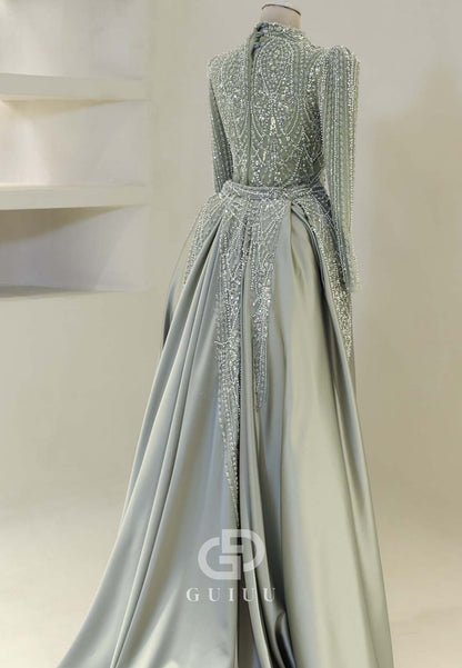 Dusty Sage A-Line High Neck Long Sleeves Sequins Formal Evening Dress