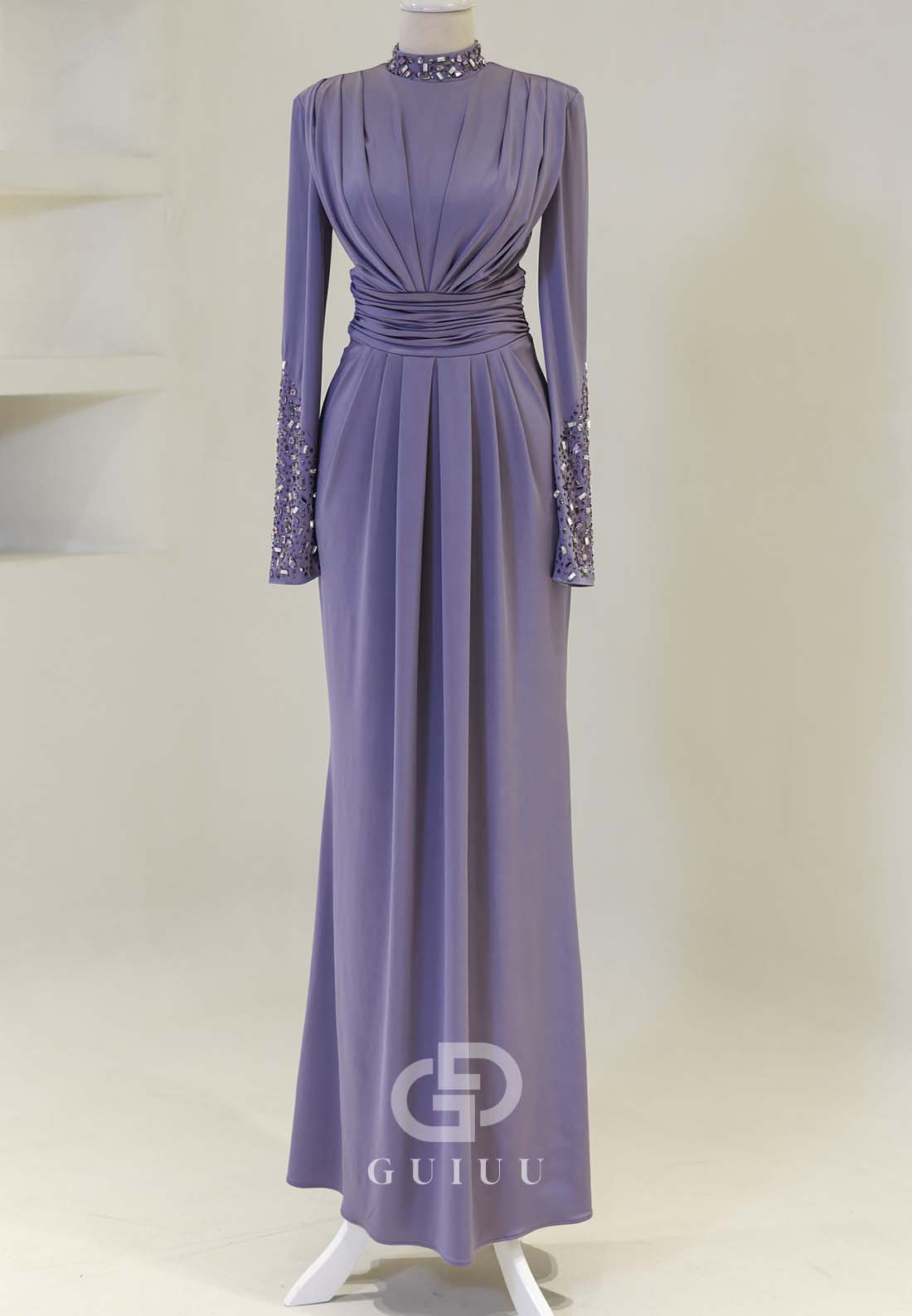 Long Sleeves High Neck Beads Ruched Formal Evening Dress