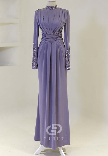 Long Sleeves High Neck Beads Ruched Formal Evening Dress