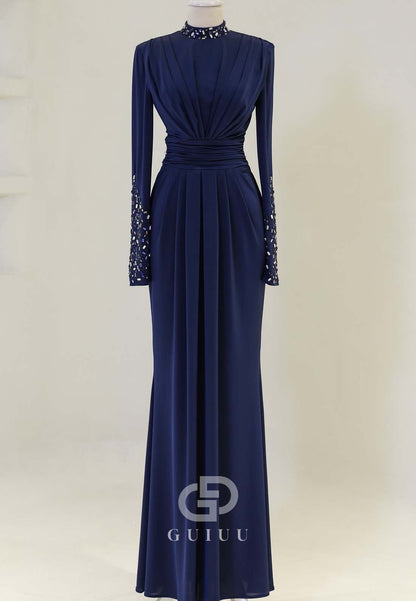 Long Sleeves High Neck Beads Ruched Formal Evening Dress