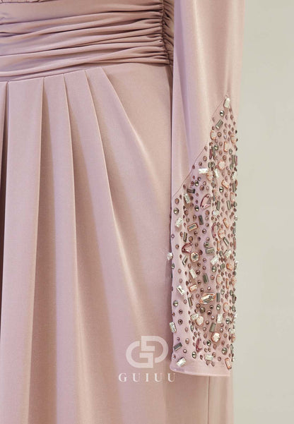 Long Sleeves High Neck Beads Ruched Formal Evening Dress