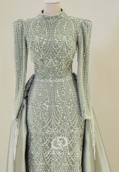 Dusty Sage A-Line High Neck Long Sleeves Sequins Formal Evening Dress