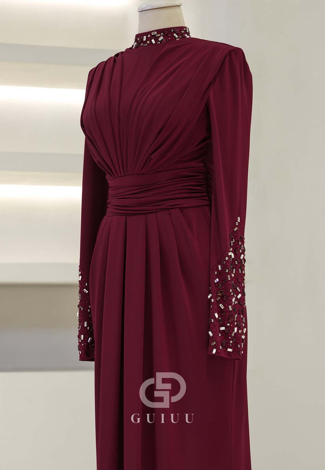 Long Sleeves High Neck Beads Ruched Formal Evening Dress