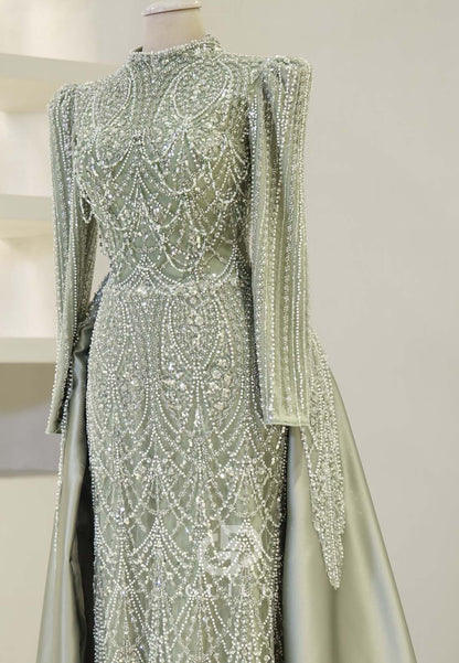 Dusty Sage A-Line High Neck Long Sleeves Sequins Formal Evening Dress