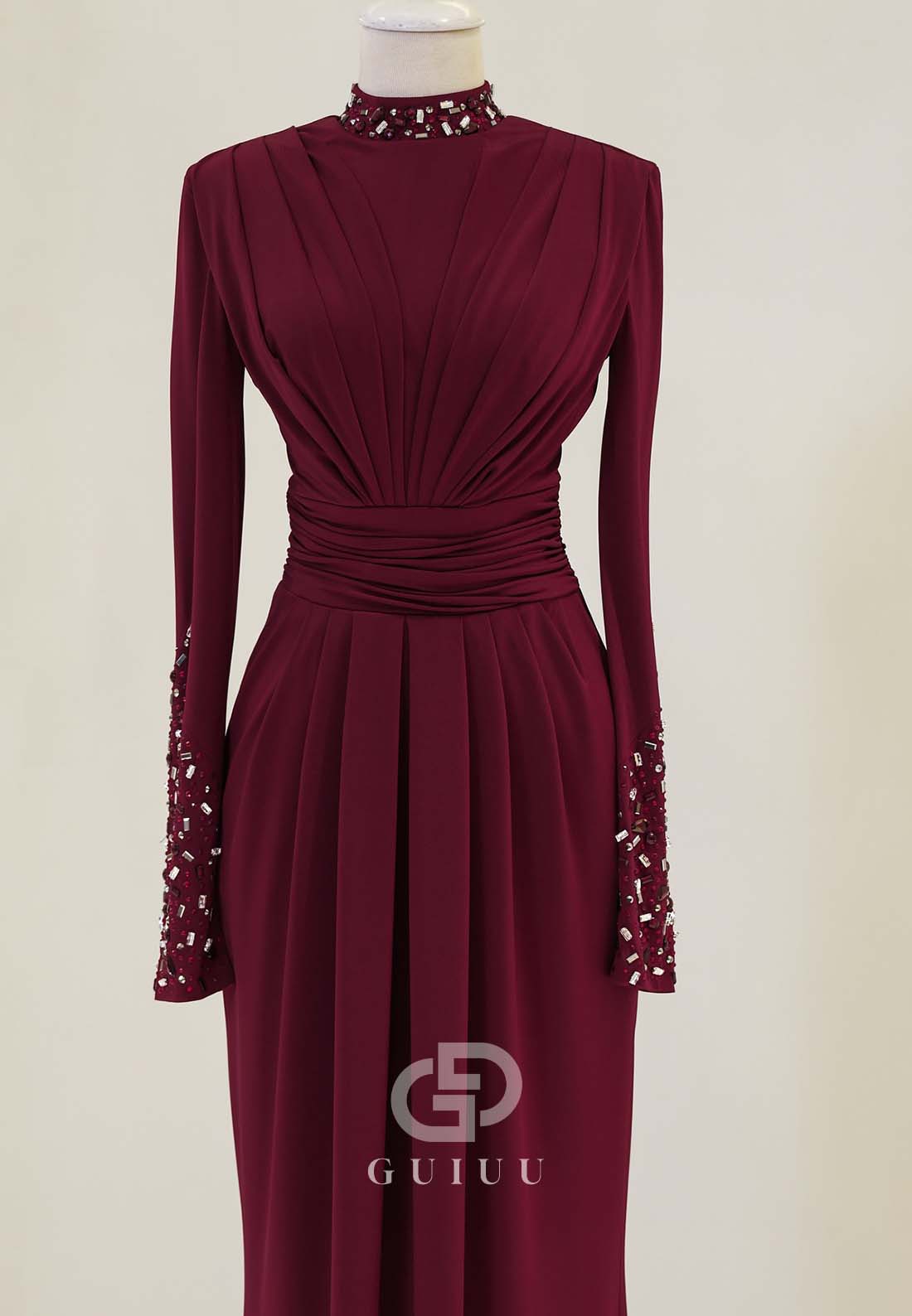 Long Sleeves High Neck Beads Ruched Formal Evening Dress