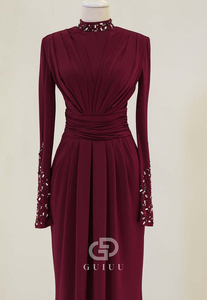 Long Sleeves High Neck Beads Ruched Formal Evening Dress