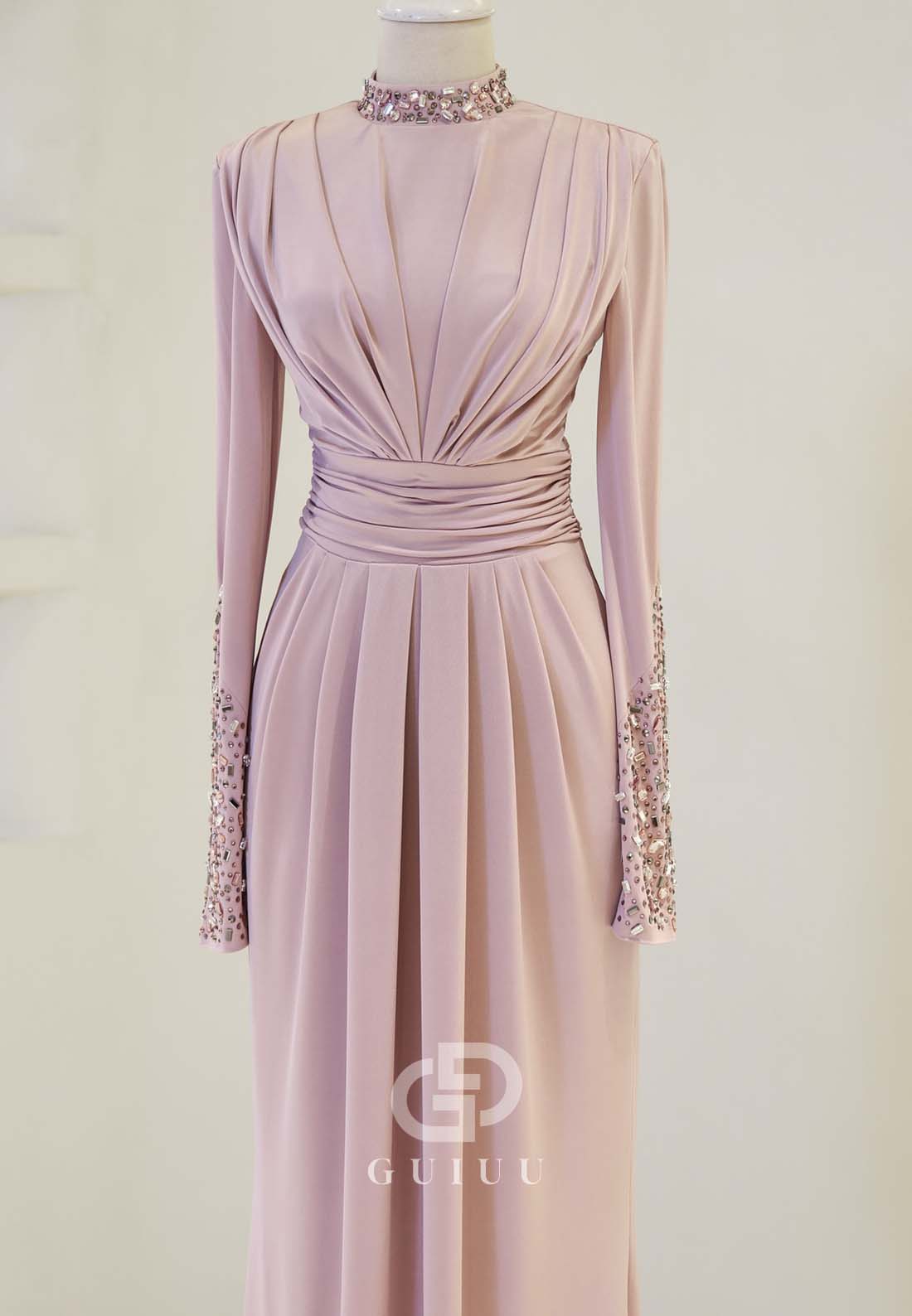 Long Sleeves High Neck Beads Ruched Formal Evening Dress