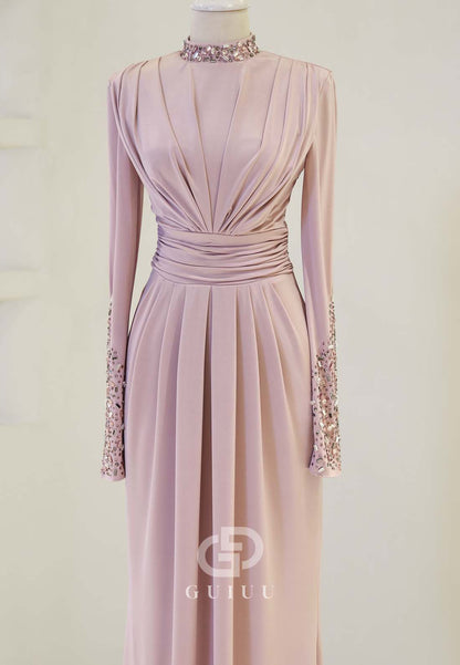 Long Sleeves High Neck Beads Ruched Formal Evening Dress