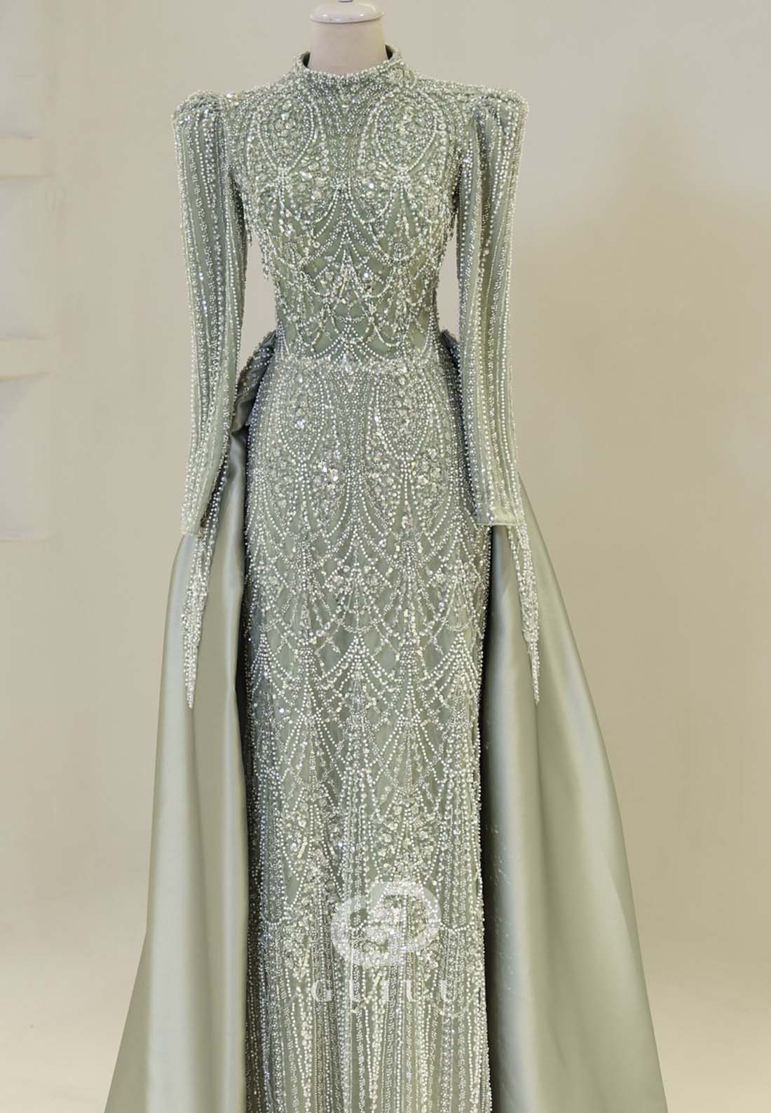Dusty Sage A-Line High Neck Long Sleeves Sequins Formal Evening Dress