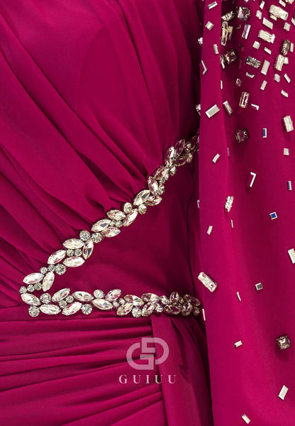 Fuchsia High Neck Long Sleevs Ruched Beads Formal Evening Dress
