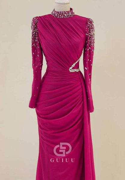 Fuchsia High Neck Long Sleevs Ruched Beads Formal Evening Dress