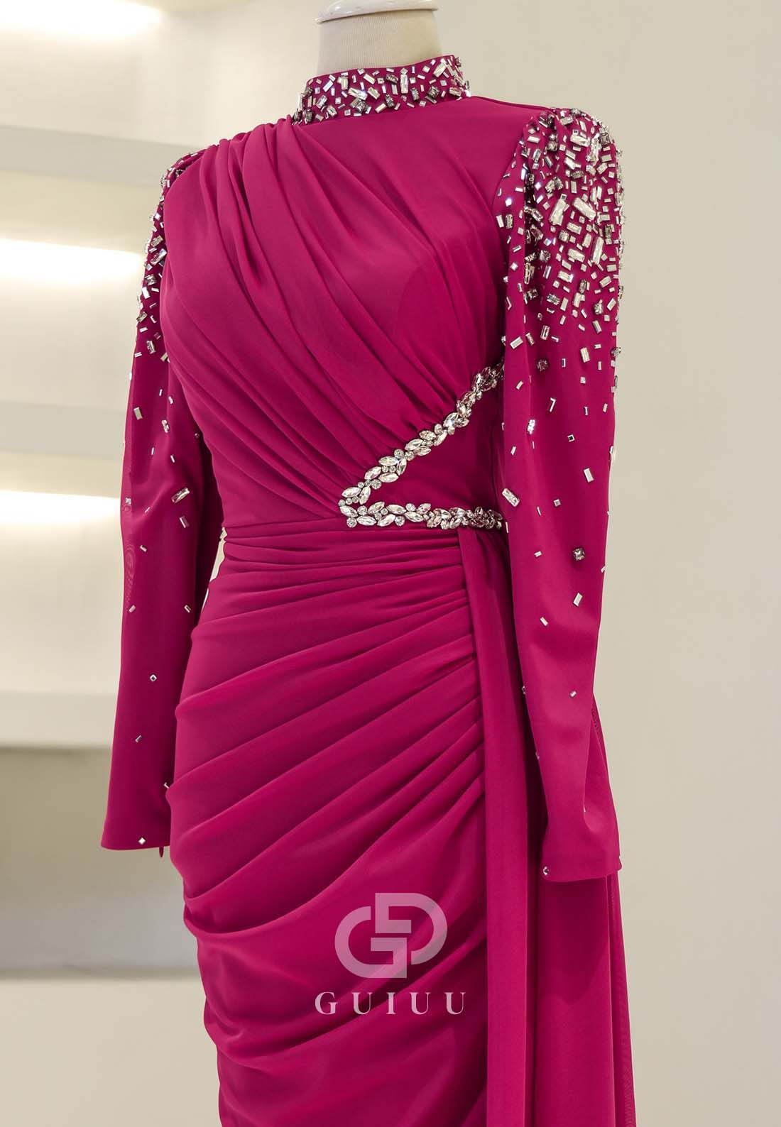 Fuchsia High Neck Long Sleevs Ruched Beads Formal Evening Dress
