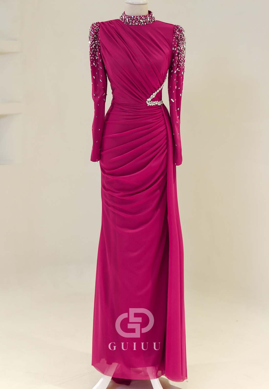 Fuchsia High Neck Long Sleevs Ruched Beads Formal Evening Dress