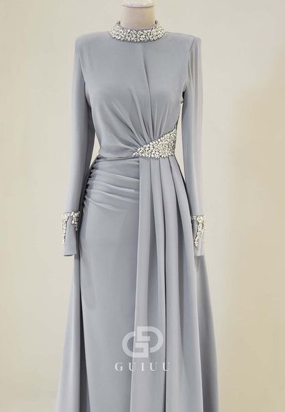 Charming A-Line High Neck Long Sleeves Beads Empire-Waist Evening Dress