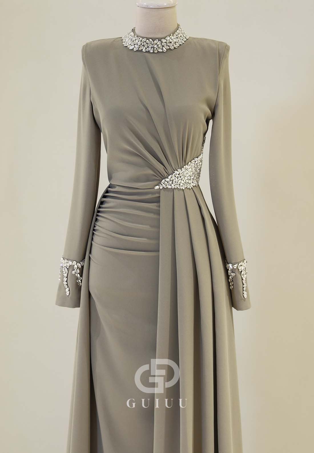 Charming A-Line High Neck Long Sleeves Beads Empire-Waist Evening Dress