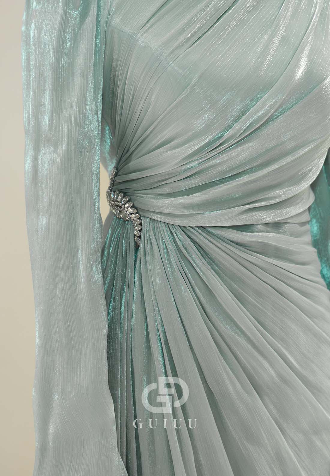 High Neck Long Sleeves Ruched Empire-Waist Formal Evening Dress