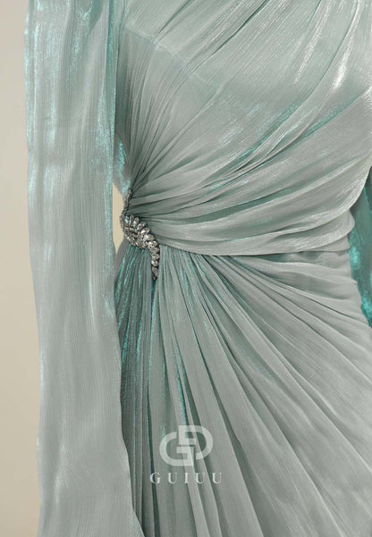 High Neck Long Sleeves Ruched Empire-Waist Formal Evening Dress