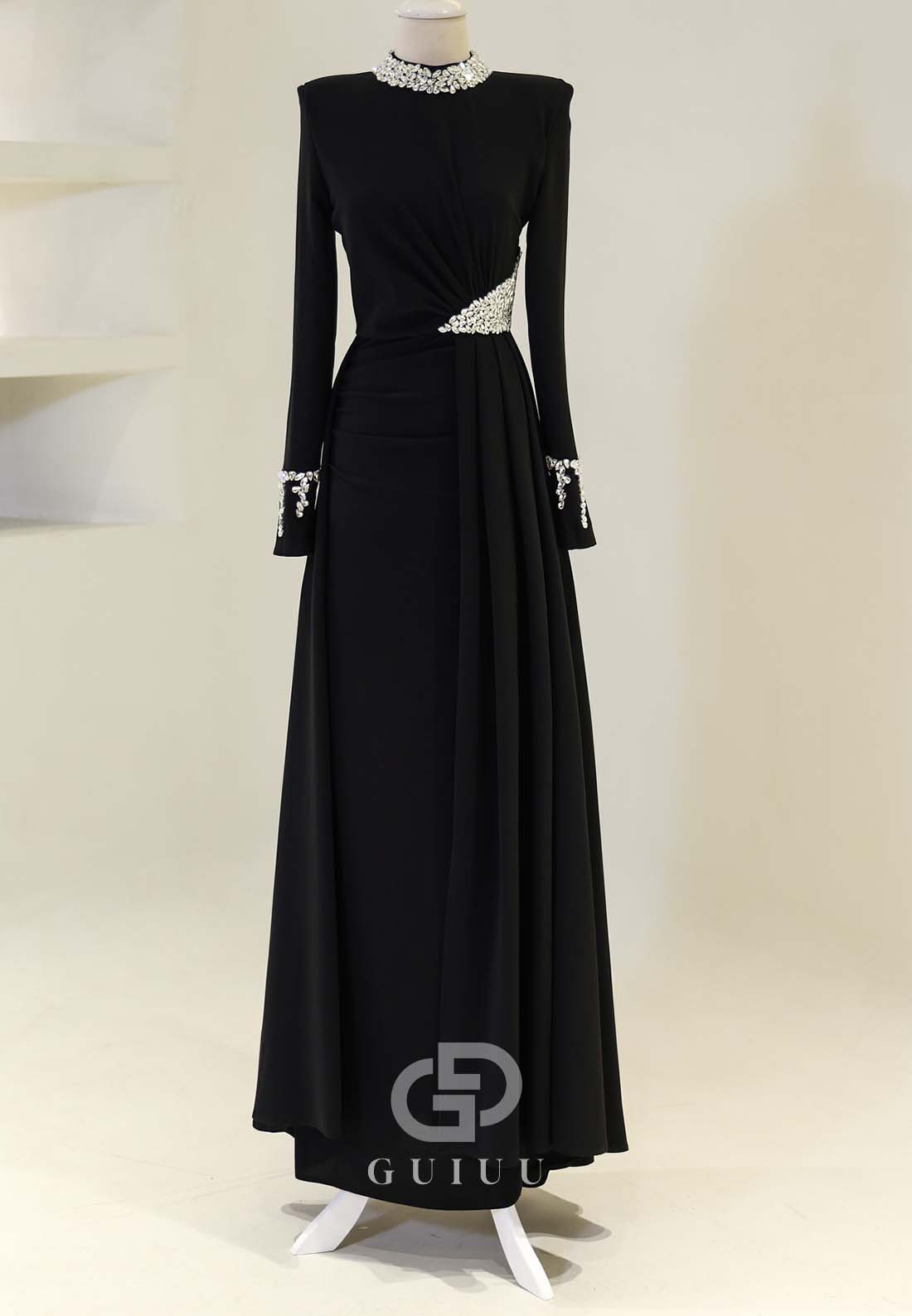 Charming A-Line High Neck Long Sleeves Beads Empire-Waist Evening Dress