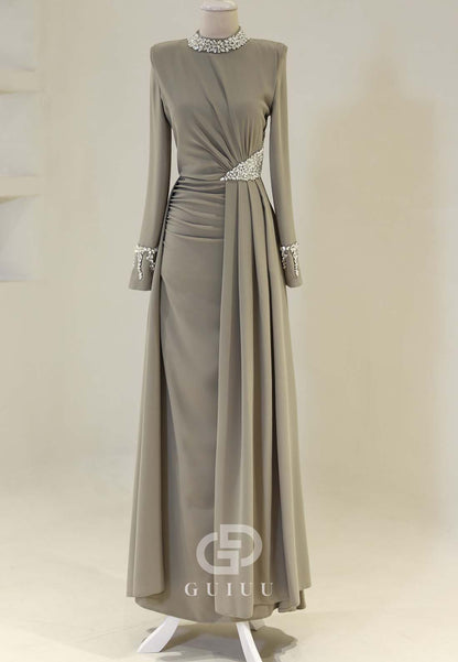 Charming A-Line High Neck Long Sleeves Beads Empire-Waist Evening Dress