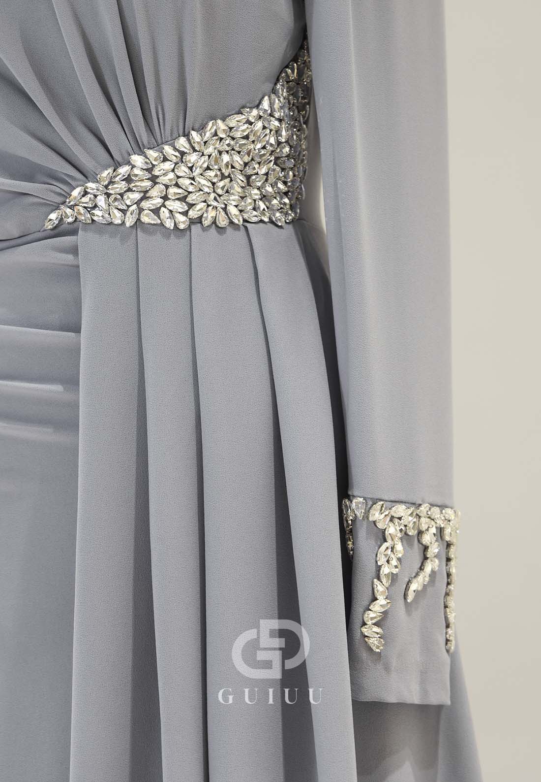 Charming A-Line High Neck Long Sleeves Beads Empire-Waist Evening Dress