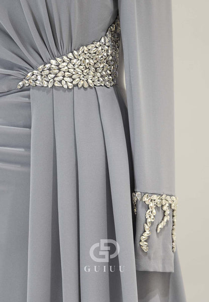 Charming A-Line High Neck Long Sleeves Beads Empire-Waist Evening Dress